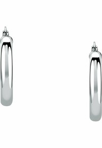 Orecchini a cerchio in argento con finitura lucida, caratterizzati da un design curvo e fluido e una chiusura a gancio sicura per una facile vestibilità.