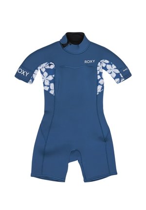 Niebieski krótkorękawowy kombinezon do nurkowania z kwiatowymi panelami pod ramionami, wysokim kołnierzem i logo ROXY na piersi oraz rękawach.