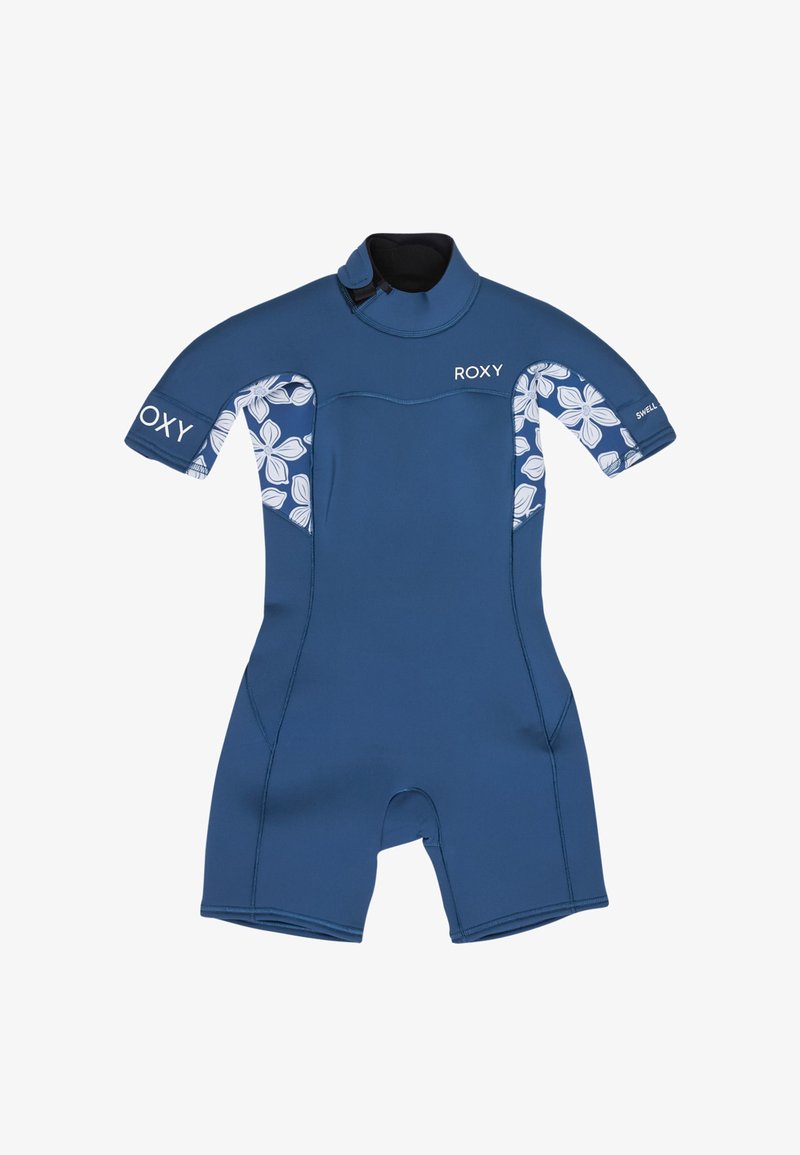 Combinaison de plongée à manches courtes bleue avec des panneaux à motifs floraux sous les bras, col montant et logo ROXY sur la poitrine et les manches.