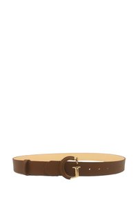 Cintura in pelle marrone con finitura lucida, dotata di una fibbia circolare tono oro e numerosi fori di regolazione. Texture liscia e design minimale.