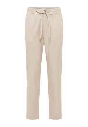 Beige elastische Hose mit Kordelzugbund, schmalem Bein und weichem Stoffgefühl. Hat keine Muster oder Hardware-Details.