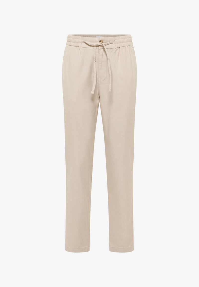 Beige elastische Hose mit Kordelzugbund, schmalem Bein und weichem Stoffgefühl. Hat keine Muster oder Hardware-Details.