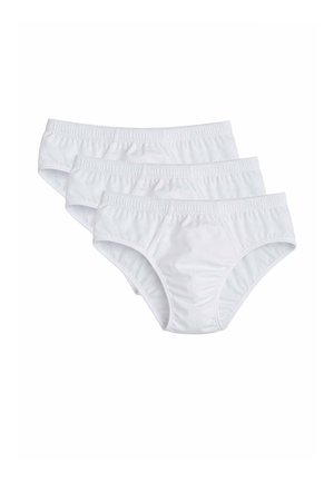 Tre mutandine bianche stile slip con elastico in vita impilate su uno sfondo bianco.