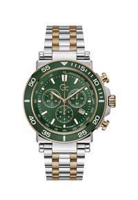 Chronograph watch with a green dial, silver and gold stainless steel band, and three sub-dials. Features bold white hour markers and tachymeter bezel.