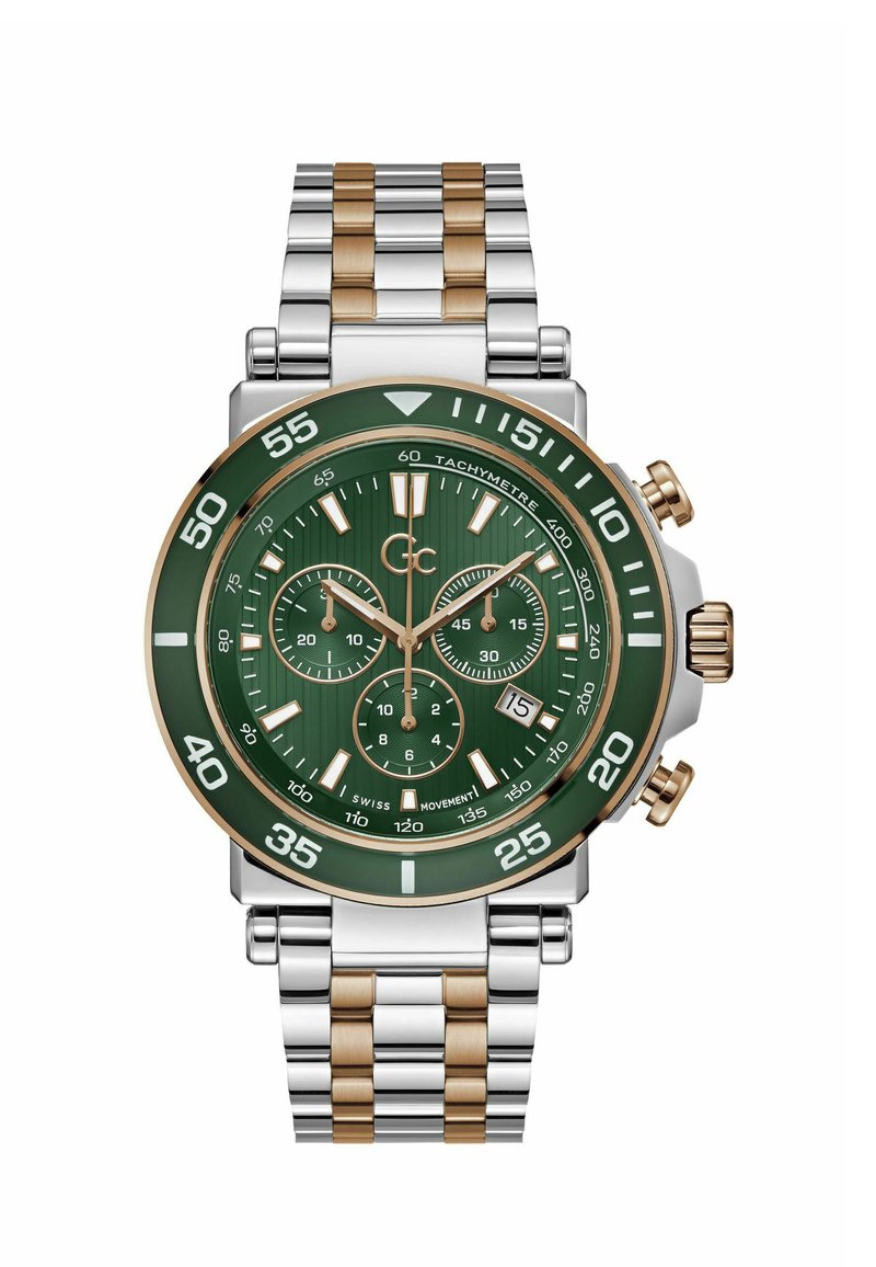 Chronograph watch with a green dial, silver and gold stainless steel band, and three sub-dials. Features bold white hour markers and tachymeter bezel.