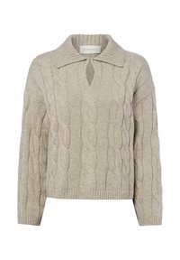 Hellbeiger Strickpullover mit Zopfmuster, übergroßem Kragen und einem Schlüsselloch-Ausschnitt am Hals. Gerippter Saum und Bündchen.