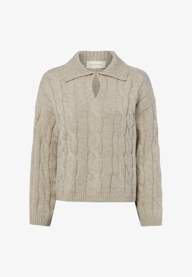 Hellbeiger Strickpullover mit Zopfmuster, übergroßem Kragen und einem Schlüsselloch-Ausschnitt am Hals. Gerippter Saum und Bündchen.