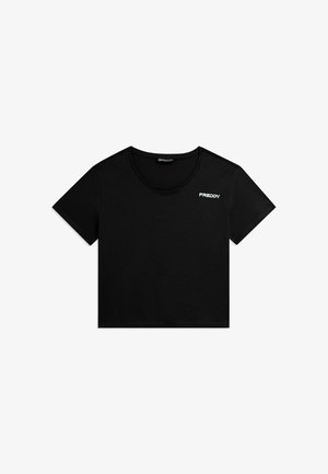 T-shirt noir court à manches courtes avec encolure ronde et petit logo blanc "FREDDY" sur le haut à gauche de la poitrine.