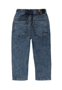 Pantaloni in denim blu scuro con vita elasticizzata, due tasche posteriori e cuciture visibili lungo le cuciture. Il tessuto ha una finitura leggermente texture.