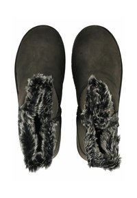 Dunkelgraue Stiefel mit einem weichen, Kunstfellfutter an der Oberseite. Das Material sieht aus wie Wildleder und hat seitliche Reißverschlüsse für ein einfaches An- und Ausziehen.