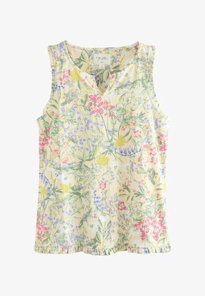 Kwiatowa bluzka bez rękawów w jasnym żółtym kolorze, z teksturowanej tkaniny w różowe, fioletowe i zielone wzory oraz falbaniastym dołem.