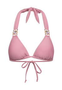 Rosa Bikini-Oberteil mit dreieckigen Cups und Halterneck-Band. Verziert mit dekorativen Steinen und goldenen Beschlägen an den Trägern. Weiche Textur, glatte Oberfläche.