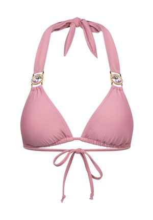 Roze bikini top met driehoekige cups en halterstrik. Bevat decoratieve edelstenen en gouden hardware op de bandjes. Zachte textuur, gladde afwerking.