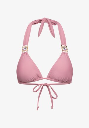 Rosa Bikini-Oberteil mit dreieckigen Cups und Halterneck-Band. Verziert mit dekorativen Steinen und goldenen Beschlägen an den Trägern. Weiche Textur, glatte Oberfläche.