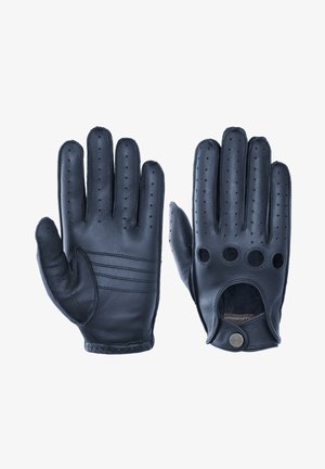 Schwarze Lederhandschuhe mit perforierten Fingern, einem dreireihigen Design auf der Rückseite und einem offenen Bund mit dekorativem Knopfdetail.