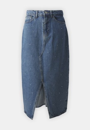 Denim midi-nederdel med en frontal slids, prydet med små rhinsten. Har en belagt talje og klassisk fem-lomme design.