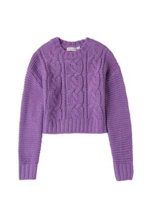 Paarse cropped sweater met een kabelbreipatroon, geribde manchetten en een textuurafwerking. Gemaakt van gebreide stof voor warmte en comfort.