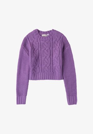 Maglione corto viola con motivo a trecce, polsini a costine e finitura testurizzata. Realizzato in tessuto lavorato a maglia per calore e comfort.
