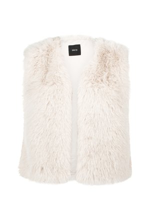 Gilet en fausse fourrure, couleur beige clair, texture douce, design sans manches, sans fermetures, doublure intérieure visible, étiquette "zero" à l'intérieur.