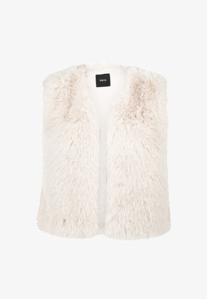 Gilet en fausse fourrure, couleur beige clair, texture douce, design sans manches, sans fermetures, doublure intérieure visible, étiquette "zero" à l'intérieur.