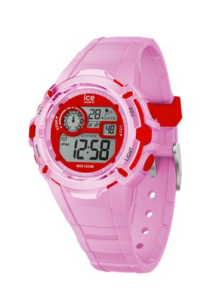 Montre numérique avec un bracelet en silicone rose et un boîtier translucide. Comprend un cadran rouge, un affichage numérique et un cadran analogique. Résistante à l'eau jusqu'à 100m.
