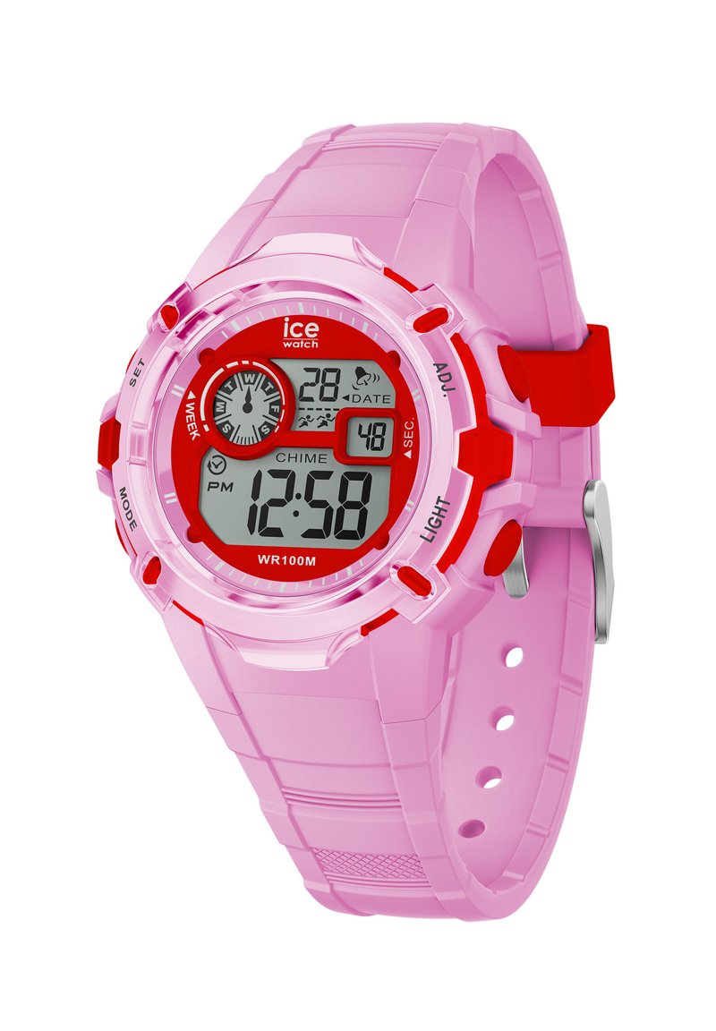 Montre numérique avec un bracelet en silicone rose et un boîtier translucide. Comprend un cadran rouge, un affichage numérique et un cadran analogique. Résistante à l'eau jusqu'à 100m.