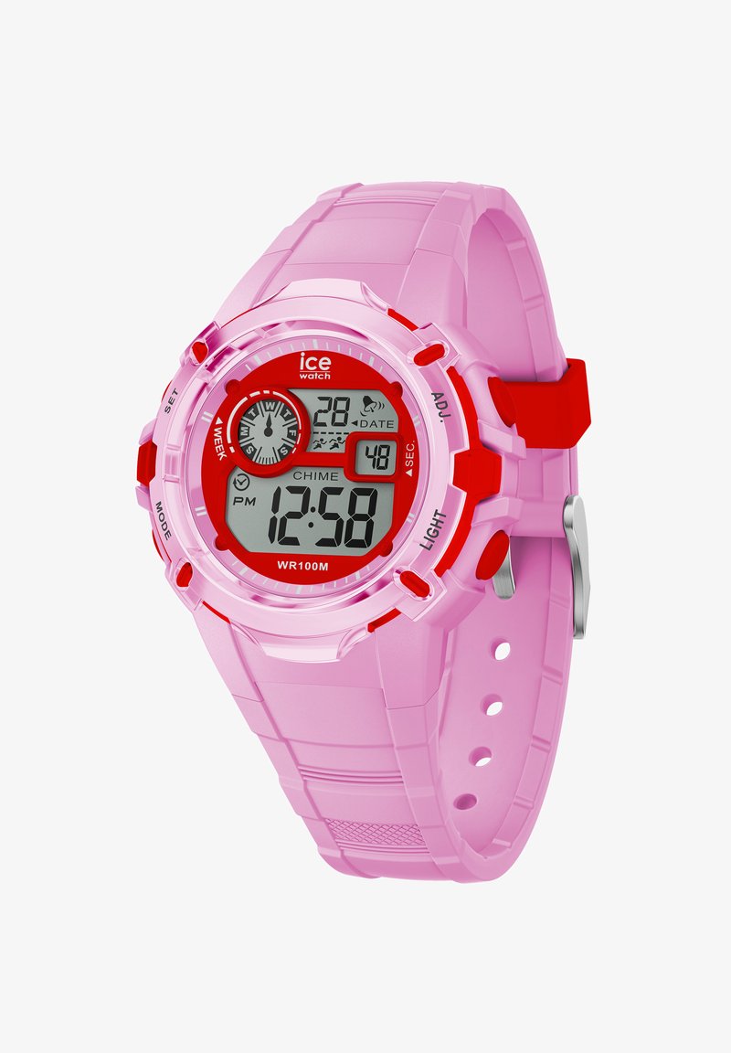 Digital klocka med ett rosa silikonarmband och genomskinlig kåpa. Har en röd urtavla, digital display och analog urtavla. Vattentålig upp till 100 m.