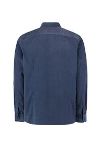 Camicia blu navy con bottoni, realizzata in tessuto morbido, caratterizzata da un collo classico, maniche lunghe e orlo dritto, senza motivi visibili.