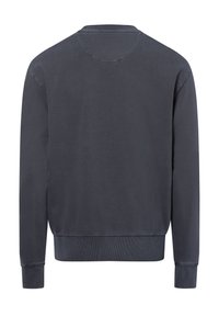 Dark gray sweatshirt with long sleeves, round neck, ribbed cuffs, and hem. Smooth texture and minimalist design, no visible patterns or accents.