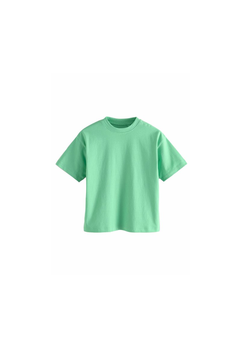 T-shirt vert menthe à manches courtes en coton avec un col rond et une coupe décontractée. Texture lisse, sans motifs ni accents visibles.