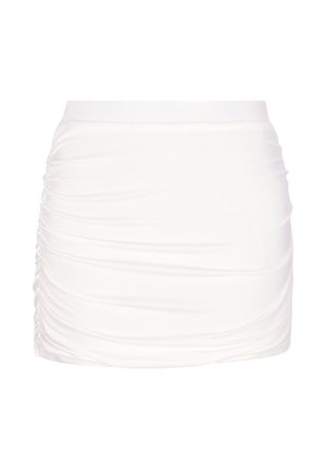 Hvid mini nederdel med rynkede detaljer, elastisk taljebånd og samlet sidesøm.