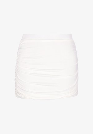 Weißer Rüschenei-Minirock mit elastischem, figurbetontem Bund und gerafften Seitendetails.