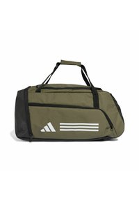 Oliven grøn sportsduffel taske med sorte detaljer. Har flere lynlåsrum og tre hvide striber logo på siden.