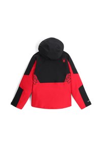 Red and black hooded jacket with spider web pattern accents on the shoulders and a spider emblem on the upper back. Smooth texture.