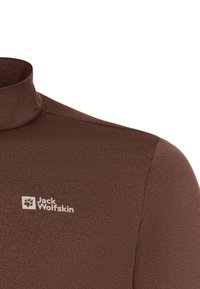 Braunes Langarmshirt mit hohem Kragen, auf der linken Brust mit dem Jack Wolfskin Logo.