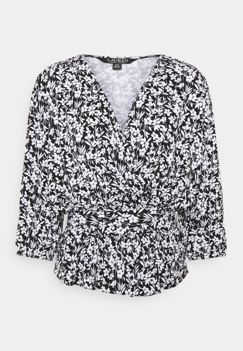 Black blouse with white floral pattern, V-neck, three-quarter sleeves, and a gathered waist, made from a lightweight fabric.