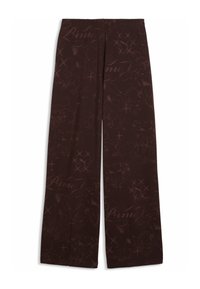 Pantalon large marron foncé avec un logo discret sur l'ensemble, des motifs en script et des croix dans une teinte légèrement plus claire.