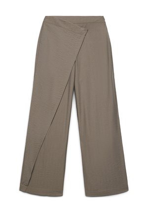 Wide-leg taupe pants with a wrap-style overlay panel, featuring a textured fabric and a flat waistband.