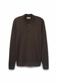 Brązowa długa koszula polo z kołnierzykiem, zapinana na trzy guziki, wykonana z gładkiego, teksturowanego materiału. Bez wzorów i dodatkowych akcentów.