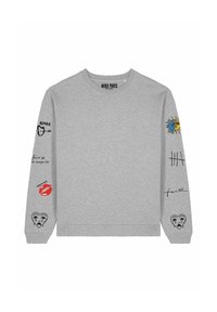 Felpa grigia con maniche lunghe. Il testo e i disegni includono "amor", un sole e un cuore con caratteristiche facciali. Polsini e orlo a coste.