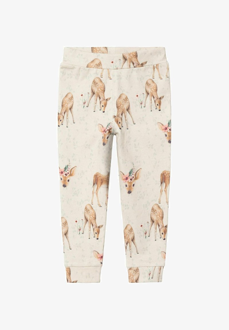 Beige sweatpants met een hertendruk, met een zachte textuur, elastische tailleband en geribde boorden. Het ontwerp bevat bloemaccenten rondom het hert.