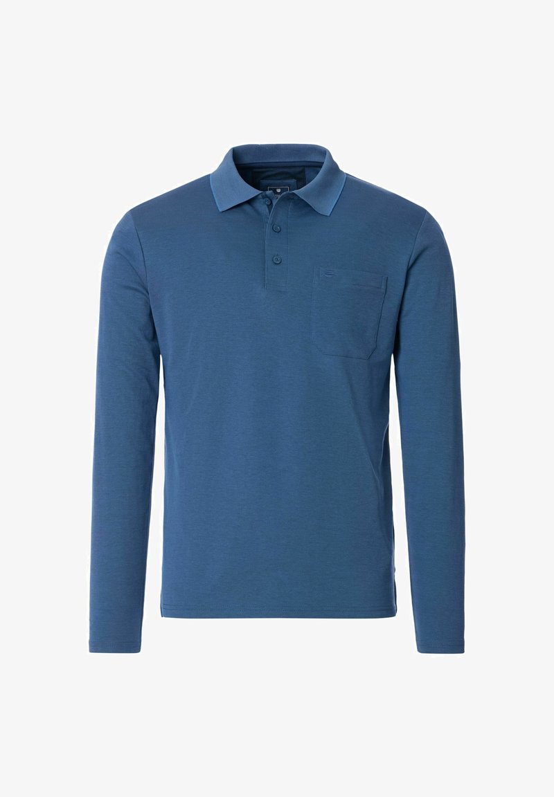 Langärmliges Poloshirt in Dunkelblau, aus weichem Stoff gefertigt. Verfügt über einen Kragen, zwei Knöpfe und eine Brusttasche. Glatte Textur.