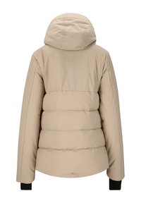 Beige pufferjacka med huva, som har quiltade sektioner och svarta mudd. Slät textur, slitstarkt material och avslappnad passform.