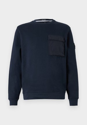 Tumed crewneck sweatshirt, mis on valmistatud pehmest materjalist, millel on pikad varrukad, ees tasku, ning ribaga mansetid ja hem. 