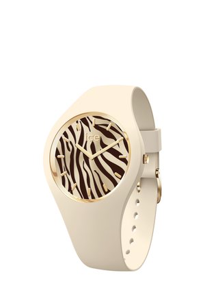 Orologio da polso in silicone beige con quadrante a motivo zebra, indici delle ore dorati, lancette e la parola "ice" sul quadrante.