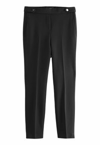 Pantalon noir sur mesure avec une texture lisse, présentant un devant plat, des poches latérales et des accents de boutons à la taille.