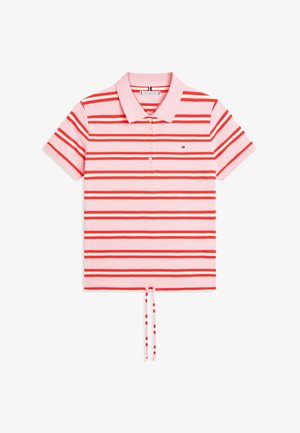 Roze polo met korte mouwen met rode horizontale strepen, drie knopen aan de voorkant, kraag en een trekkoord aan de zoom.