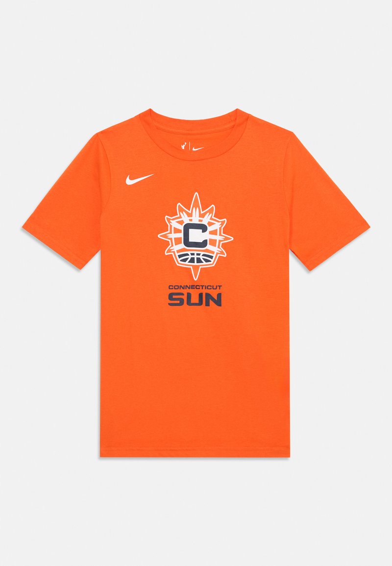 T-shirt de algodão laranja com um grande logotipo do Connecticut Sun e texto em preto por baixo, mangas curtas e decote redondo. Logotipo da Nike no peito.