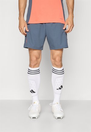 Tenue de sport pour homme comprenant un haut corail, un short gris, des chaussettes blanches montantes avec des rayures noires, et des crampons blancs avec un détail artistique.