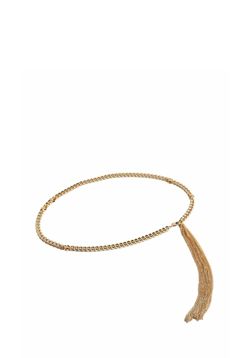 Ceinture en chaîne dorée avec un design de maillons torsadés, ornée d'un accent à franges texturé sur un côté. Attache réglable.